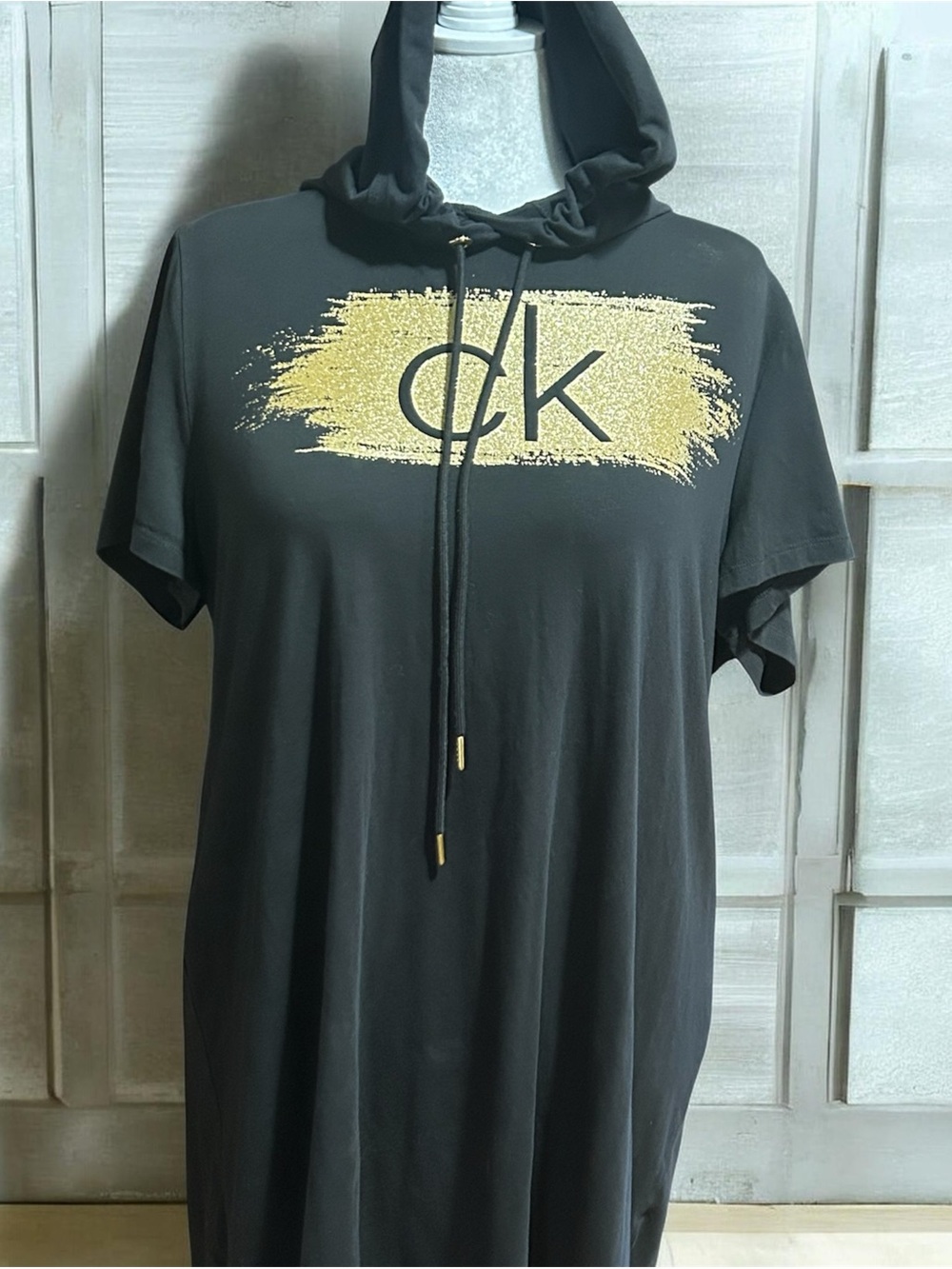 Calvin Klein Black Hooded Tee Dress with Gold Brush Logo Size 1X